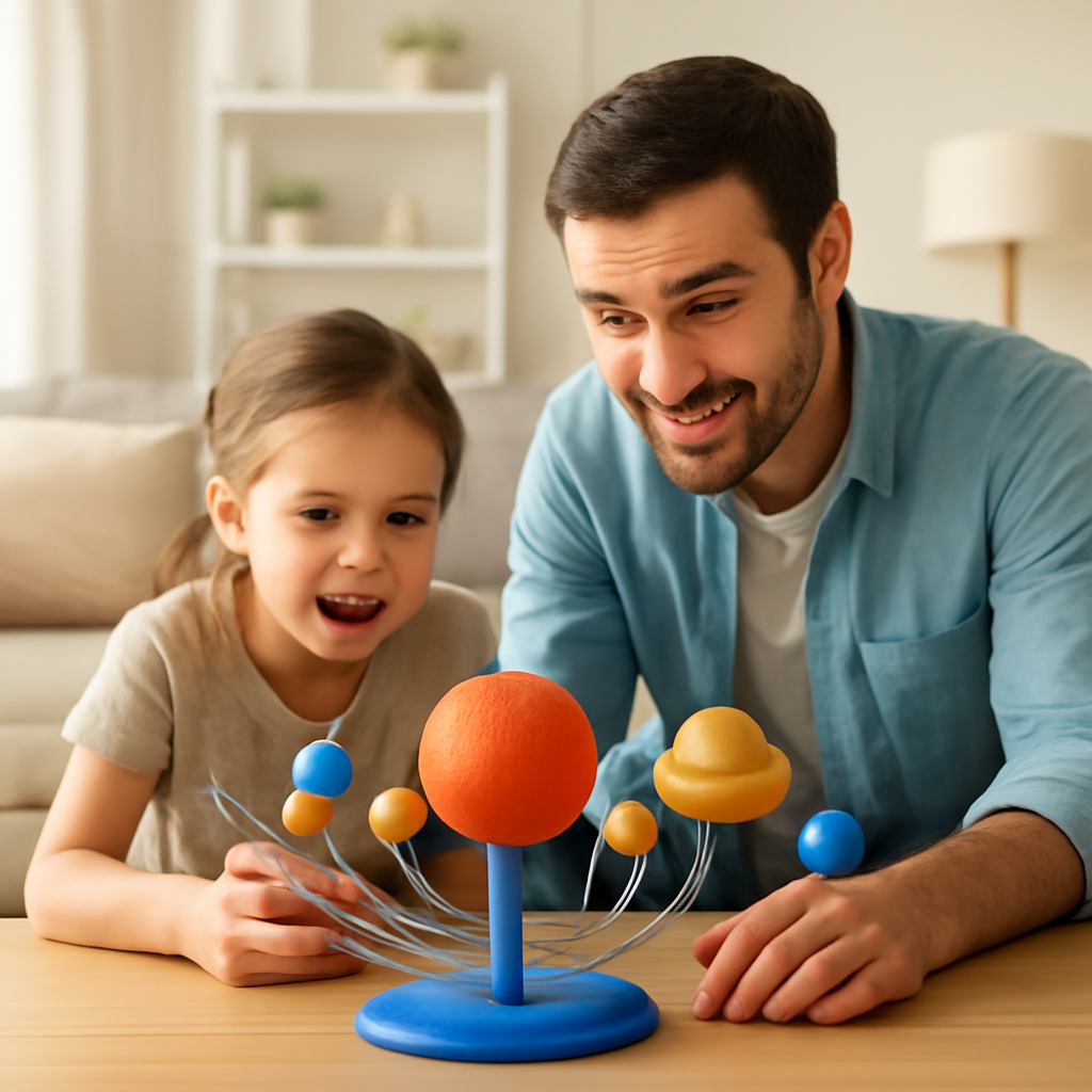 תקריב של מודל מערכת השמש שהודפס בתלת מימד ומונח על שולחן, כדוגמה לפרויקט לימודי שניתן ליצור עם שירותי הדפסת תלת מימד בכפר סבא והוד השרון.