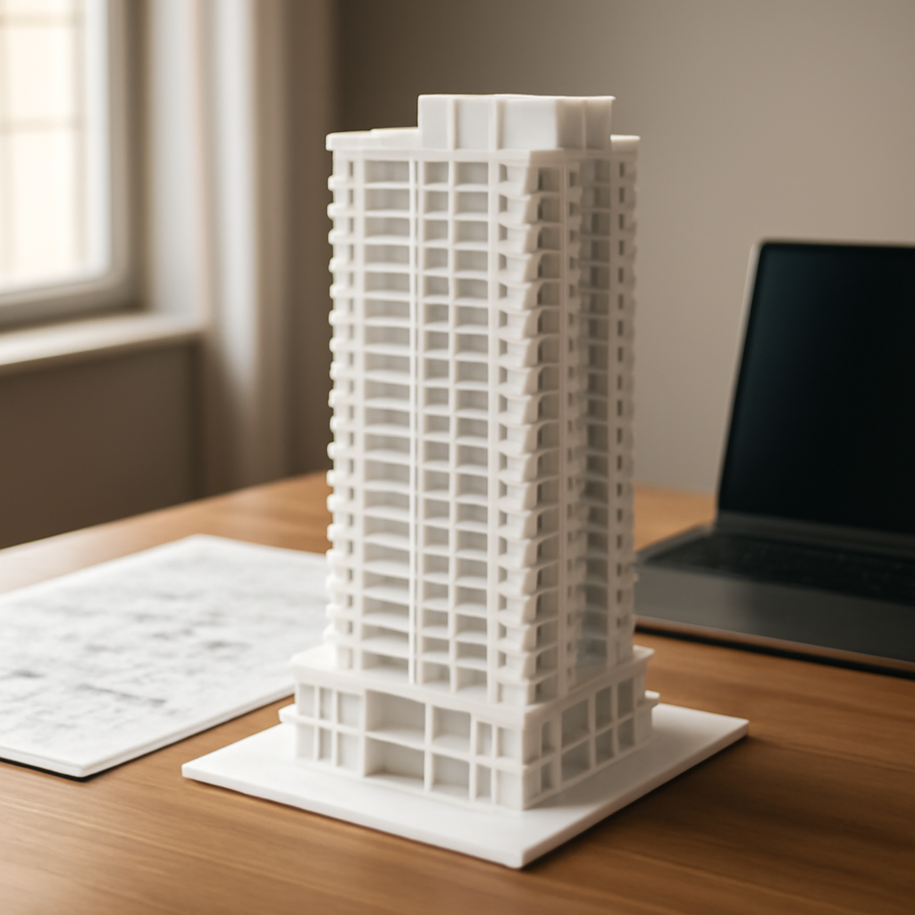 מודל אדריכלי מפורט של בניין מגורים מודרני שהודפס בתלת מימד. המודל מונח על שולחן עבודה של אדריכל, לצד תכניות בנייה ומחשב נייד, וממחיש את רמת הדיוק הגבוהה.